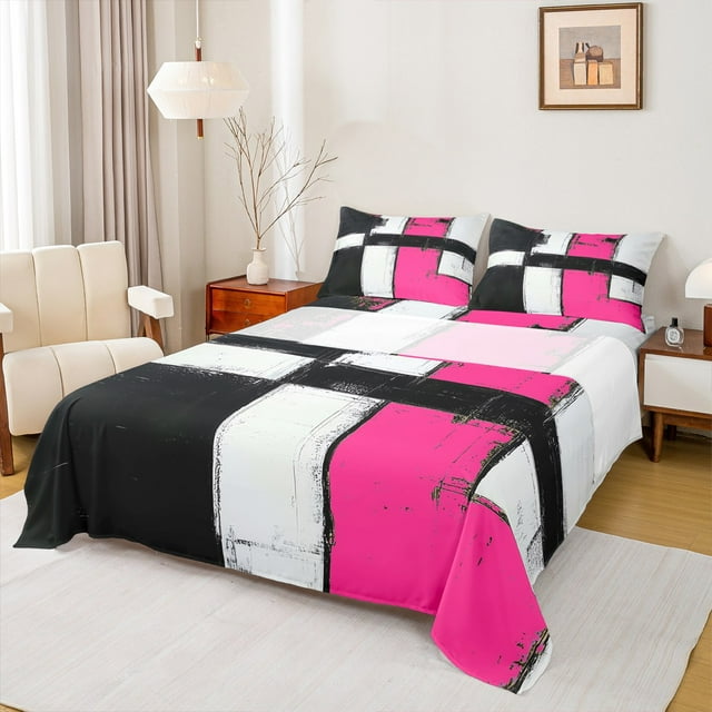 Erosebridal Draps à Rayures Patchwork Abstraites Simple, Literie Design Géométrique Moderne Taille Simple, Ensemble de Draps Rose Noir Blanc Simple, Décoration de Chambre en Microfibre, 3 Pcs