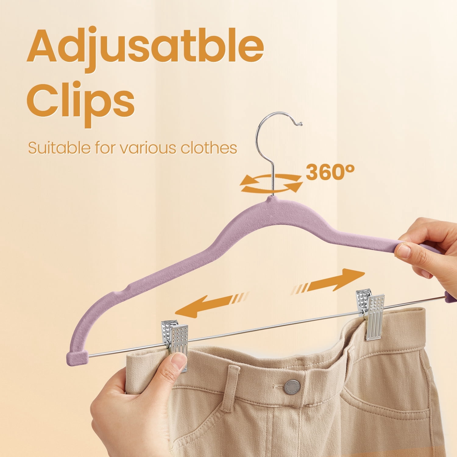 LEDREM 30-Pack Adjustable Velvet Hangers, Heavy-Duty Non-Slip Skirt Hangers, Pants Hangers with Movable Clips, Space-Saving for Dresses & Coats, Pale Purple
