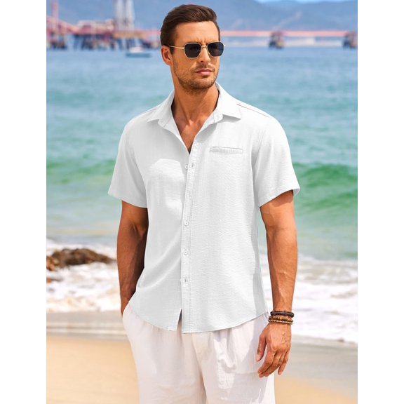 COOFANDY Men's Linen Shirt Lightweight Classic Fit Button Down Shirt Short Sleeve Beach Holiday Shirts with Pocket