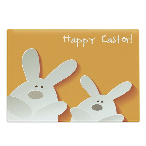 Easter Cutting Board, Happy Easter Bunnies on a Warm Toned Background Abstract Animal Design, Decorative Tempered Glass Cutting and Serving Board, Large Size, Orange Coconut Brown, by Ambesonne