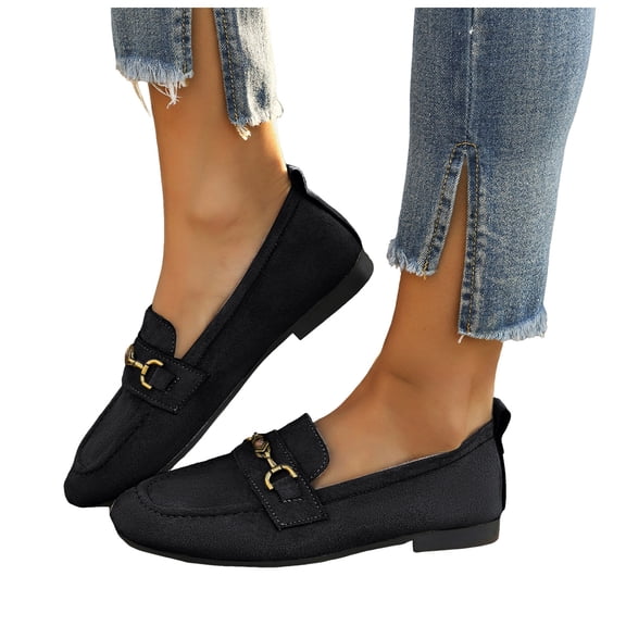 Women's Vintage Suede Ballet Flat Shoes Chunky Low Heel Slip On Loafers Square Toe Non Slip Dress Shoes with Metal Chain Black Size 6.5