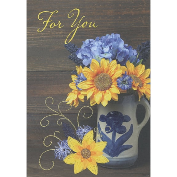 Designer Greetings White Pitcher Full of Sunflowers and Blue Flowers Gift Card Holder Mother's Day Card