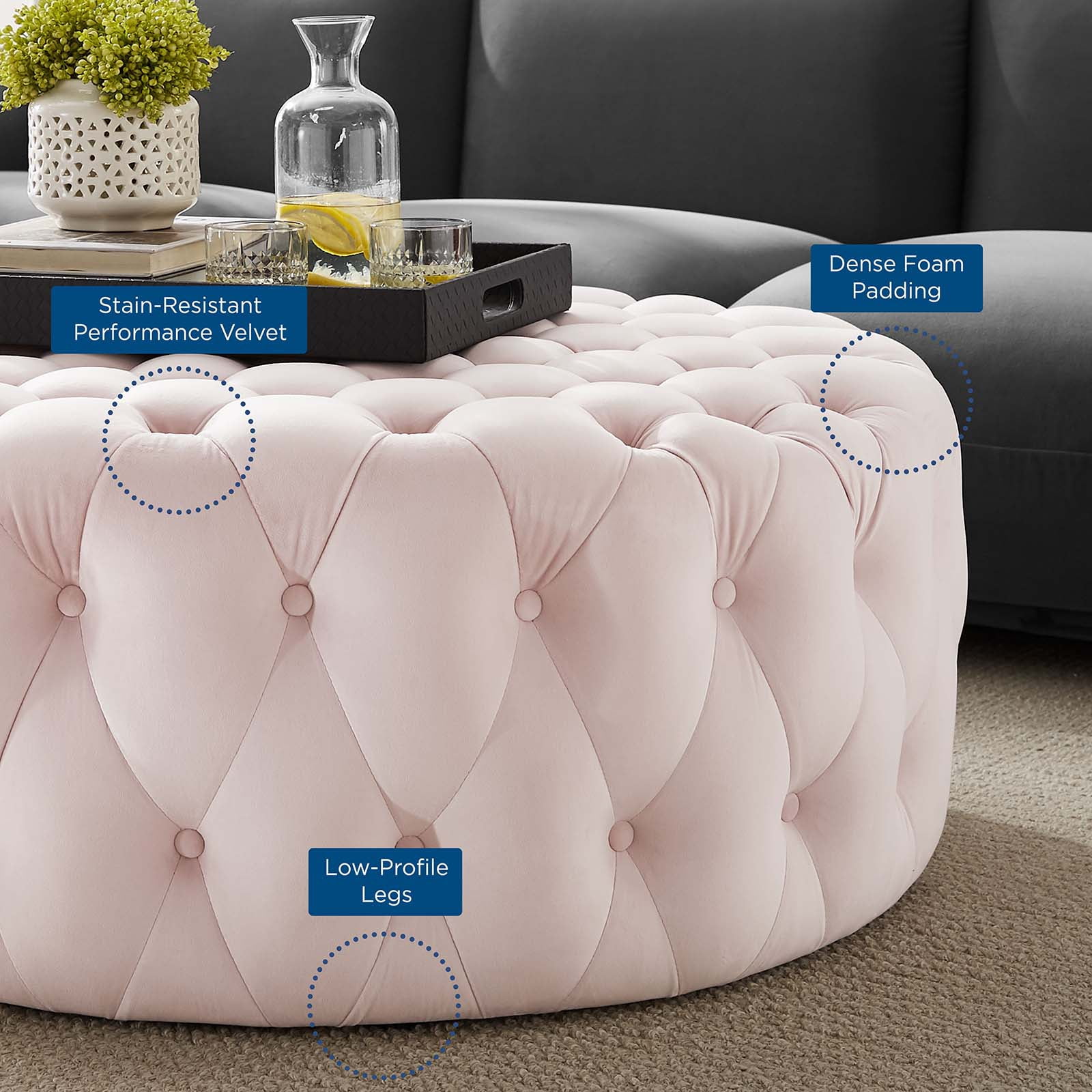 Modway Amour Tufted Button Large Round Performance Velvet Ottoman in Pink