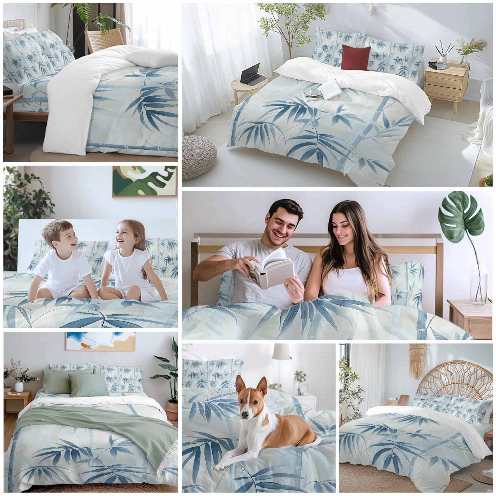 Bamboos Leaf Queen Duvet Cover Set, Blue Leaves Abstract Watercolor Art 4 Piece Microfiber Bedding Set with Zipper Closure, Bed Sheet and 2 Pillow Shams, Soft Bedding Cover