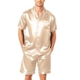 thumbnail image 2 of Garbnen Silk Mens Pajama Set 2 Piece Short Sleeve Button Down Sleepwear Pjs Shorts Set Cozy Mens Loungewear Set Beige 4XL, 2 of 7