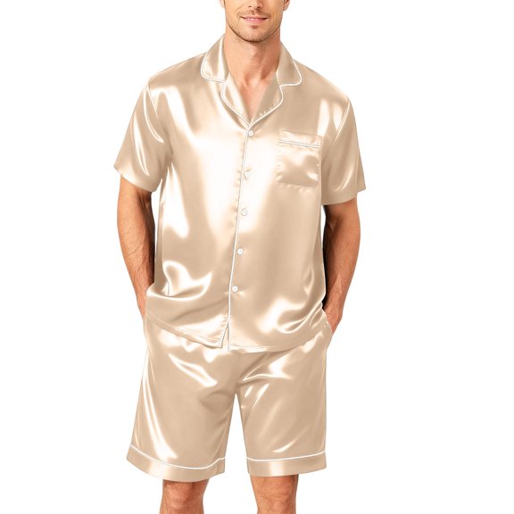 Premium Soft Satin Silk Set For Men Short Sleeve Button Front Top Loose Shorts Two Piece Loungewear With Pockets Beige XL