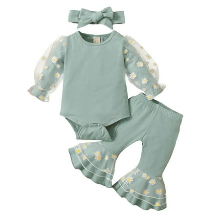 

uukiA Infant Baby Girl 0-12 Months Solid Color Mesh Long Sleeve Romper Flared Pants Headband Three Piece Set