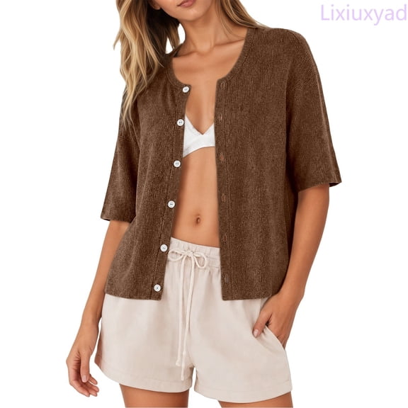 Lixiuxyad Women's Ribbed Knit Cardigan Short Sleeve Open-Front Button-Up Summer Knit Tops,Brown
