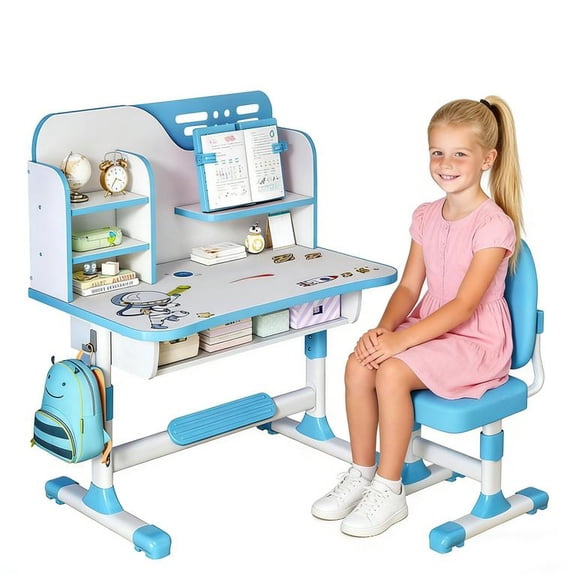Floseru Talent Star Kids Desk and Chair Set,Adjustable Girls School Writing Study Table,Ergonomic Desk Chair with Large Writing Board Pull Out Drawer Book Stand