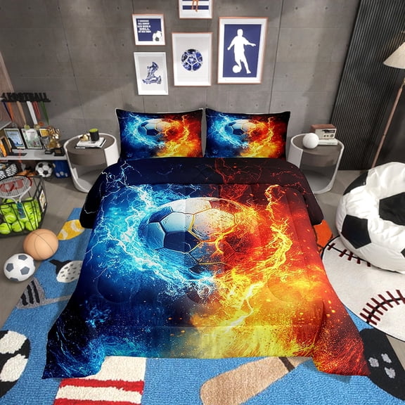 Erosebridal Football Bedding Set Twin Size Rugby Sports Comforter Set Soccer Ball Game Comforter Gift for Football Lover Blue Orange Duvet Set Room Decor