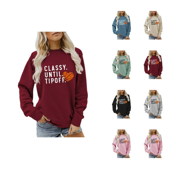 Classy Until Tipoff Jump Basketball Sweatshirt for Women Long Sleeve Crewneck Graphic Sweatshirts Pullover Tops