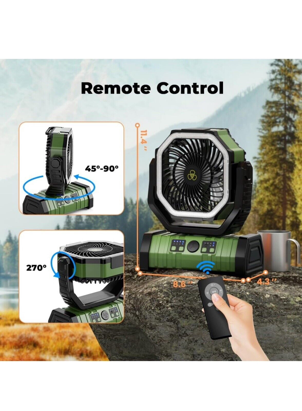 20000mAh Camping Fan w/ LED light - Rechargeable power bank Oscillating, Remote