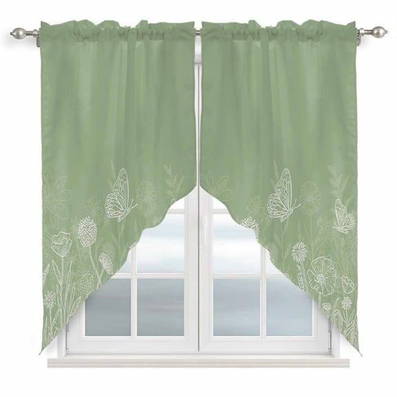 Sage Green Wildflowers Swag Valances for Windows 2 Pack, Kitchen Window Curtains 36 Inch Length, Modern Floral Butterfly Plant Privacy Swag Curtains for Living Room/Bathroom with Rod Pocket 36"x36"