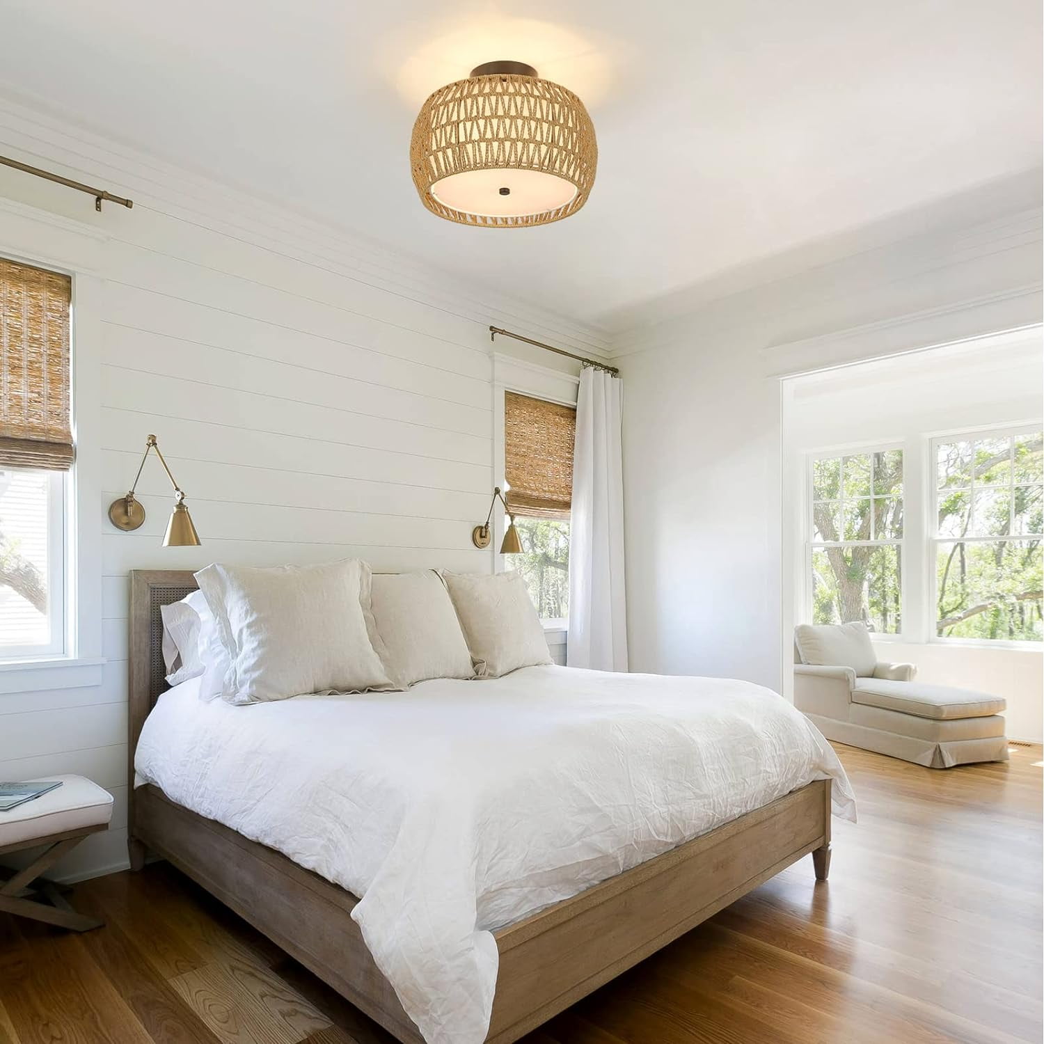 Boho Style Ceiling Light with Rattan Shade - Farmhouse Inspired Semi Flush Mount Fixture for Kitchen, Living Room, Bedroom and Hallway