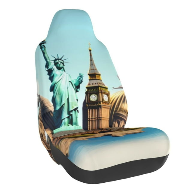 Wukai Iconic Global Landmarks Full Set Car Seat Covers with Soft Padding Universal Auto Front Seats Protector and Cushion Mat