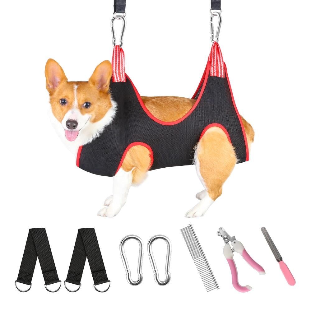 FGY 8 PCS Dog Grooming Hammock Pet Grooming Hammock Helper with Nail Trimmers Grooming Harness Kit for Dogs & Cats - Red (M)