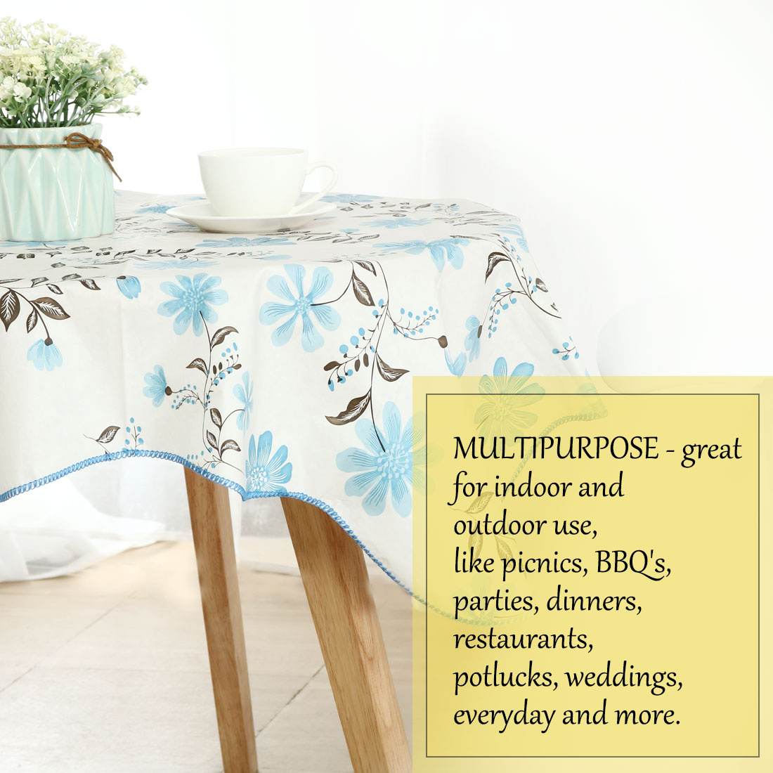 Unique Bargains Vinyl Square Tablecloth Blue Flower Print 35" x 35"