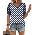 thumbnail image 5 of QQAMB Womens Summer Tops V-Neck Solid Color T-Shirts Dot Puff Sleeve Tops Loose Casual T-Shirts Navy L, 5 of 5