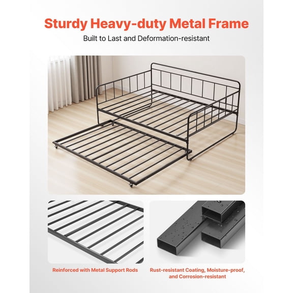 Full Size Daybed Frame with Trundle, Metal Day Bed with Metal Slats, No Box Spring Needed, Sturdy Structure for Guest Room, Office, Dormitory, Black