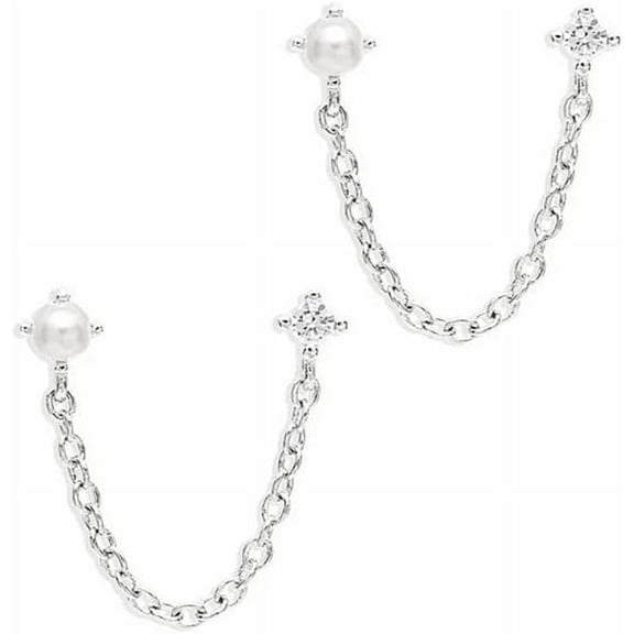Cute CZ Double Piercing Stud Earrings for Women 925 Sterling Silver Hypoallergenic Tiny Shell Pearl Tassel Chain Dangle Drop Earring Fashion Dainty Wedding Birthday Holiday Jewelry Gifts