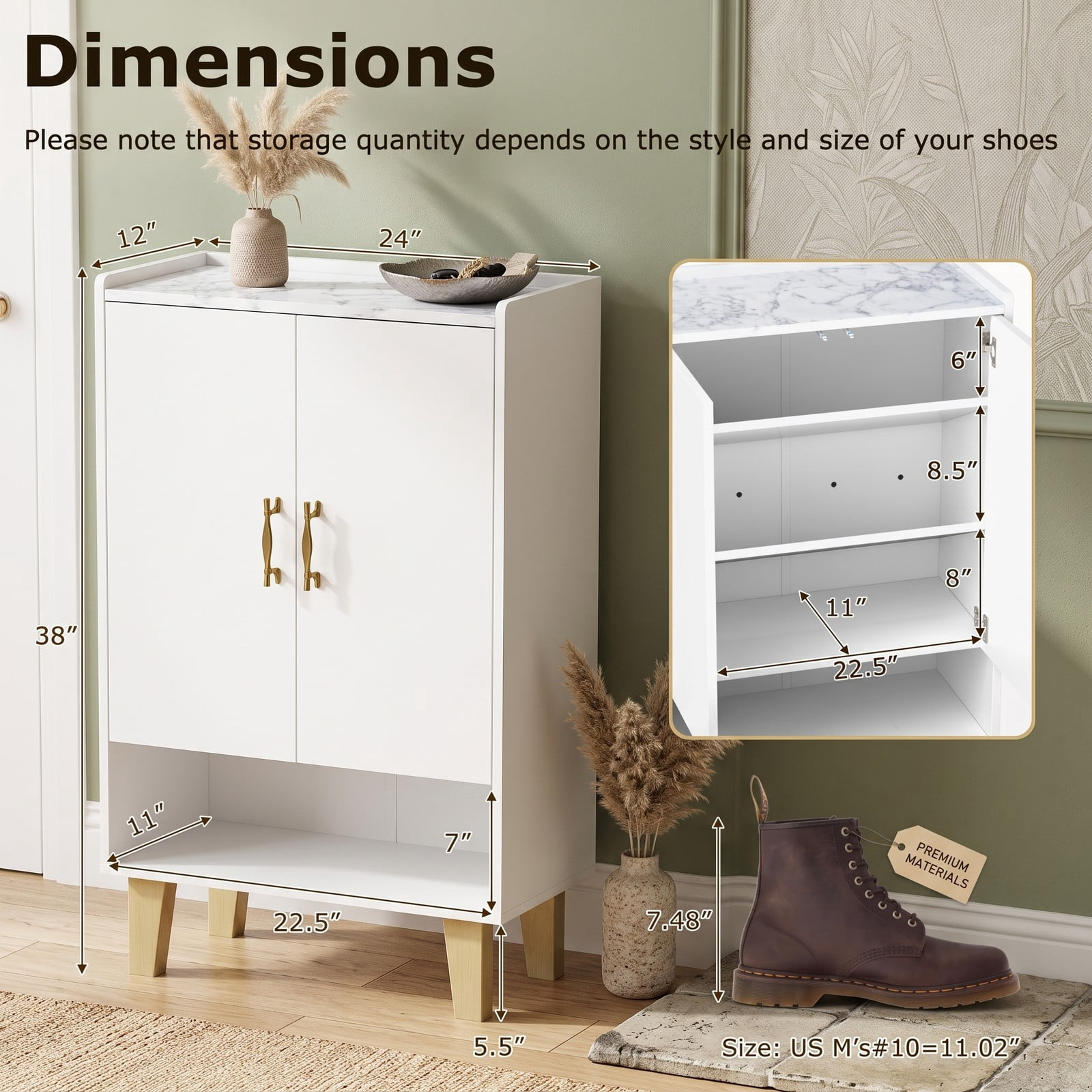 Furnibear 5-Tier Shoe Cabinet with Faux Marble Countertop and Flat Tilting Shelves for Entryway and Hallway, White and Gold