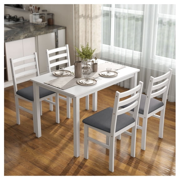 5-Piece Kitchen Table Set for 4, Farmhouse Dining Set with Upholstered Chairs, White Dining Room Table Set, Rubber Wood Legs, Small Kitchen Table