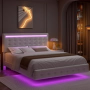 Homfa King Floating Bed with Lights, LED Platform Bed Frame with Under Bed Storage, PU Leather Adjustable Tufted Upholstered Bed, White