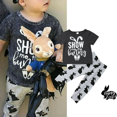 2PCS Easter Infant Toddler Kids Baby Boy Girl Bunny Tops T-Shirts Long Pants Outfits Clothes Summer Spring Clothing Set For 1-6 Years Old