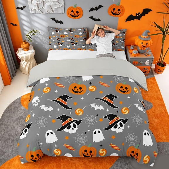 Homewish Spooky Halloween Themed Bedding,Witch Hat Skull Pumpkin Candy Pattern Duvet Cover Full,Gray Black,Light Gray Reversible,3pcs,1 Duvet Cover and 2 Pillowcases