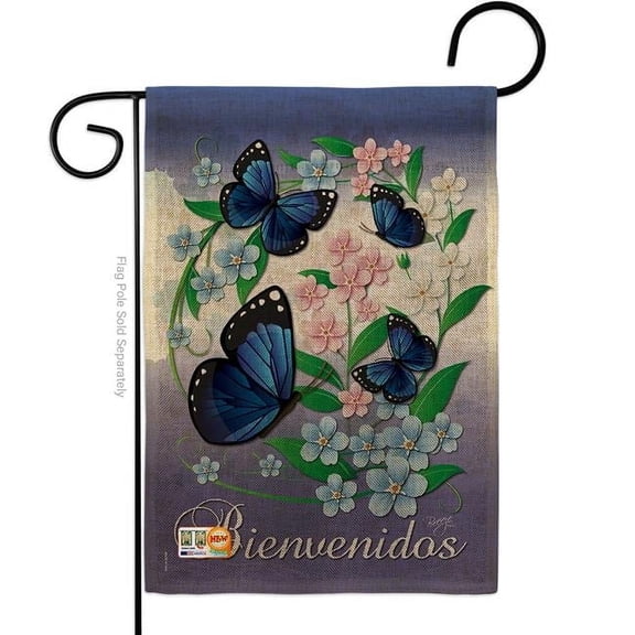 Breeze Decor BD-BG-G-104073-IP-DB-D-US11-BD 13 x 18.5 in. Jan-Mariposas Celestes Burlap Garden Friends Bugs & Frogs Impressions Decorative Vertical Double Sided Flag