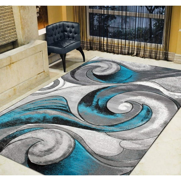 Swirls Abstract Design Modern Contemporary Hand Carved Area Rug-Silver/Turquoise/Gray/Black