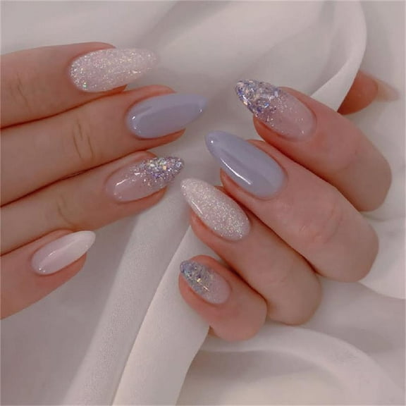 24pcs Almond Artificial Nails Acrylic Press On Nails with Glitters Detail Full Covers Stick on Nails Manicure Decors