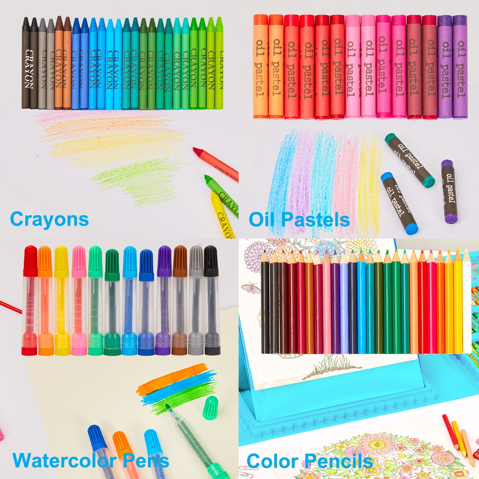 KINSPORY 290 Pack Drawing Coloring Art Set with Double-Side Trifold Art Easel, Creative Supplies Gift for Artists Beginners Kids Boys Girls (Blue)