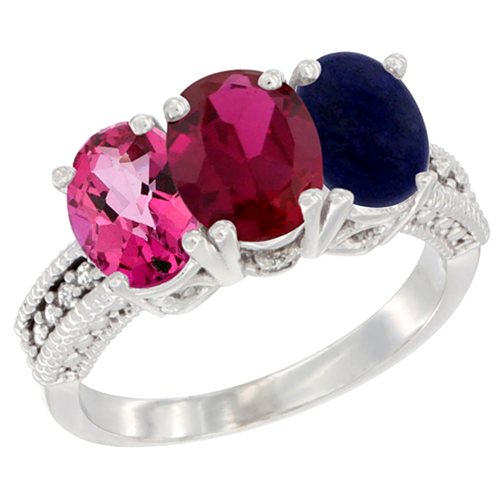 10K White Gold Natural Pink Topaz, Enhanced Ruby & Natural Lapis Ring 3-Stone Oval 7x5 mm Diamond Accent, sizes 5 10 by WorldJewels