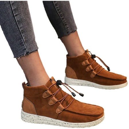 

Lyinloo Women s Sport Shoes Lace-Up Wild Round Toe Retro Flock Solid Color Casual Sneakers Brown 36