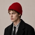 thumbnail image 5 of Fall Winter Unisex Ribbed Knitted Beanie Solid Color Fold Cuff Skull Cap Soft Stretchy Warm Beanie Hat for Men Women Casual Daily Outing Red, 5 of 5