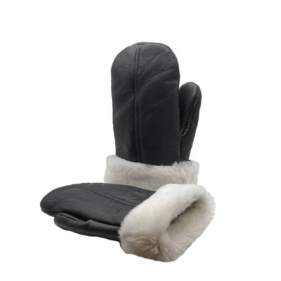 Men's Premium Shearling Sheepskin Leather Fur Mittens (Large, Black/Off White Fur)