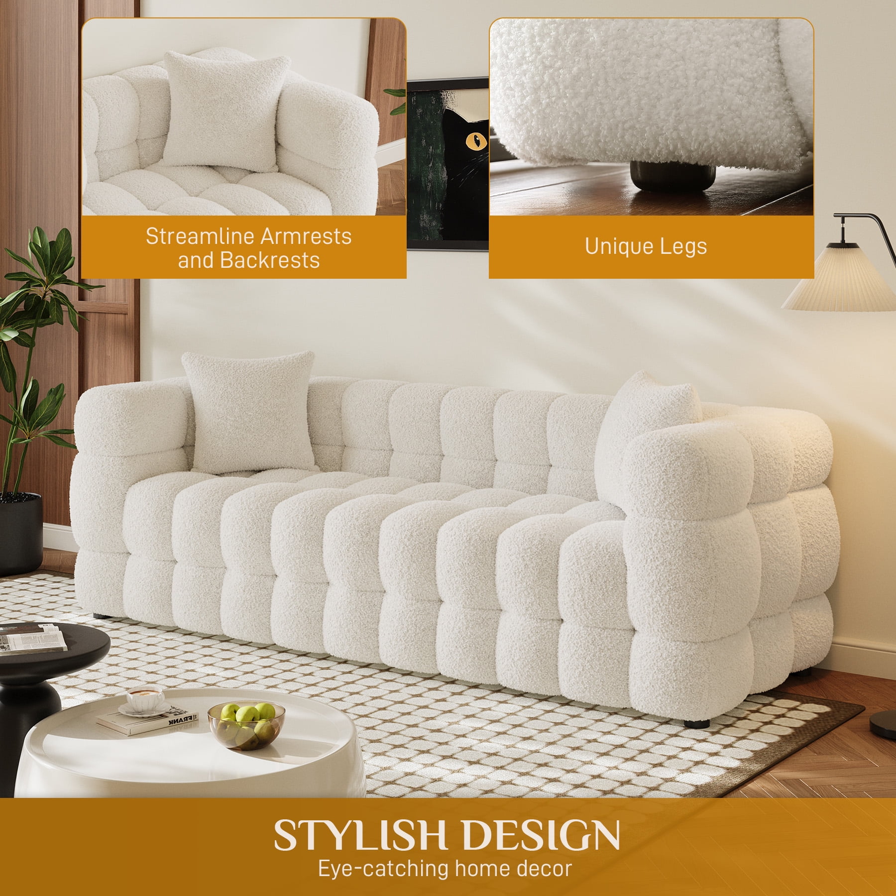 Wiilayok 80.3" Modern Tufted Upholstered 3 Seater Sofa with 2 Pillows，Comfy Sherpa Deep Seat Cloud Couch, Small Love Seat for Living Room Apartment, Beige White