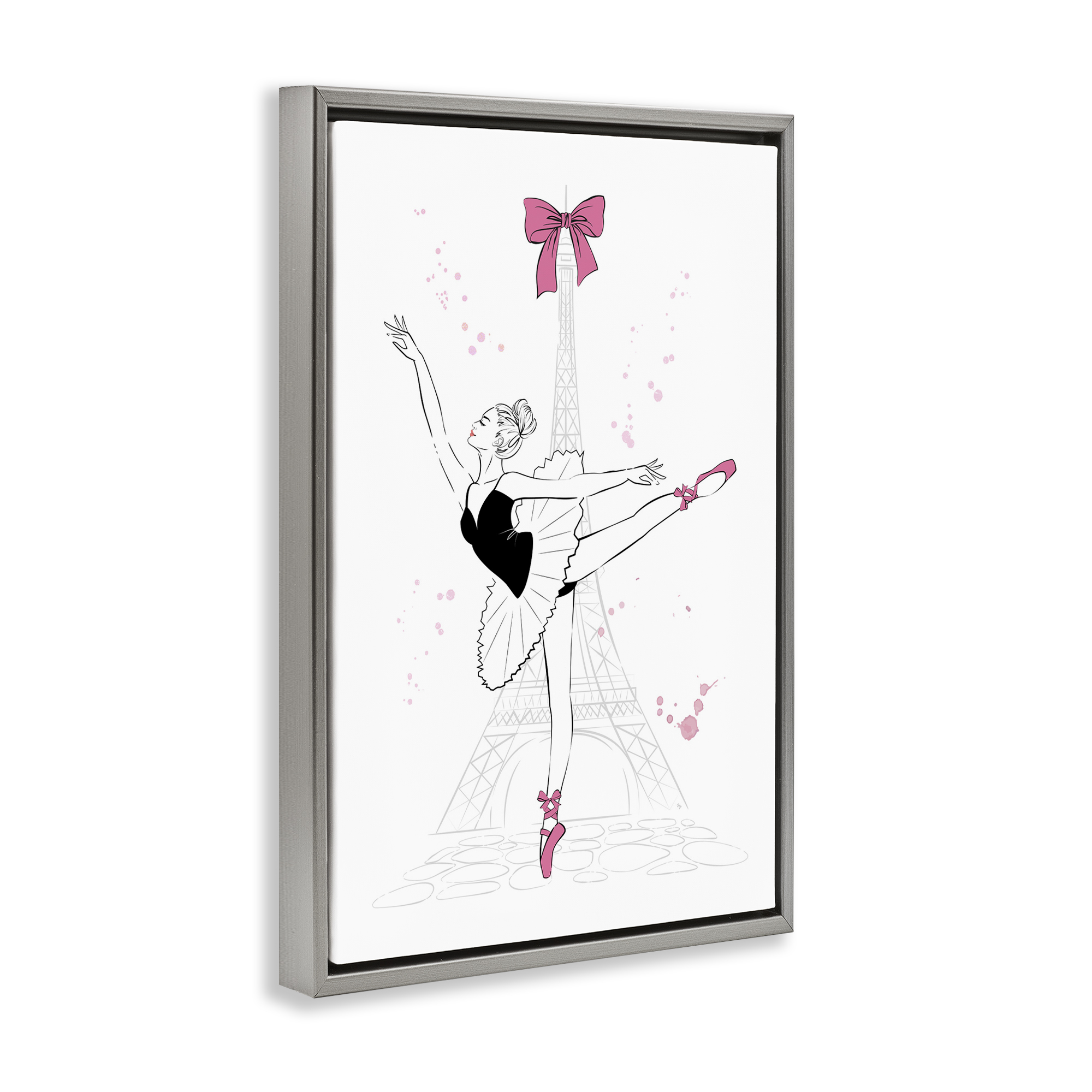 Stupell Industries Ballerina & Eiffel Tower Novelty Painting Gray Floater Framed Art Print Wall Art, 17 x 25