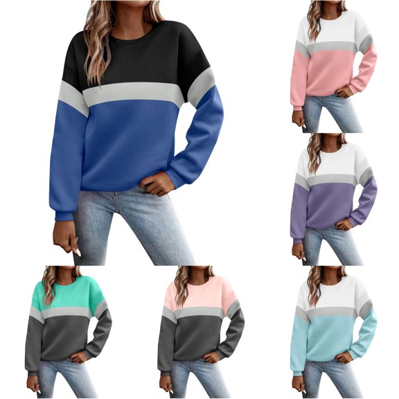 CUZIBR Womens Sweatshirt Color Block Crew Neck Graphic Loose Fit Pullover Tops Casual Long Sleeve Workout Shirts Loose Blouse Fall Winter Clothes,Blue