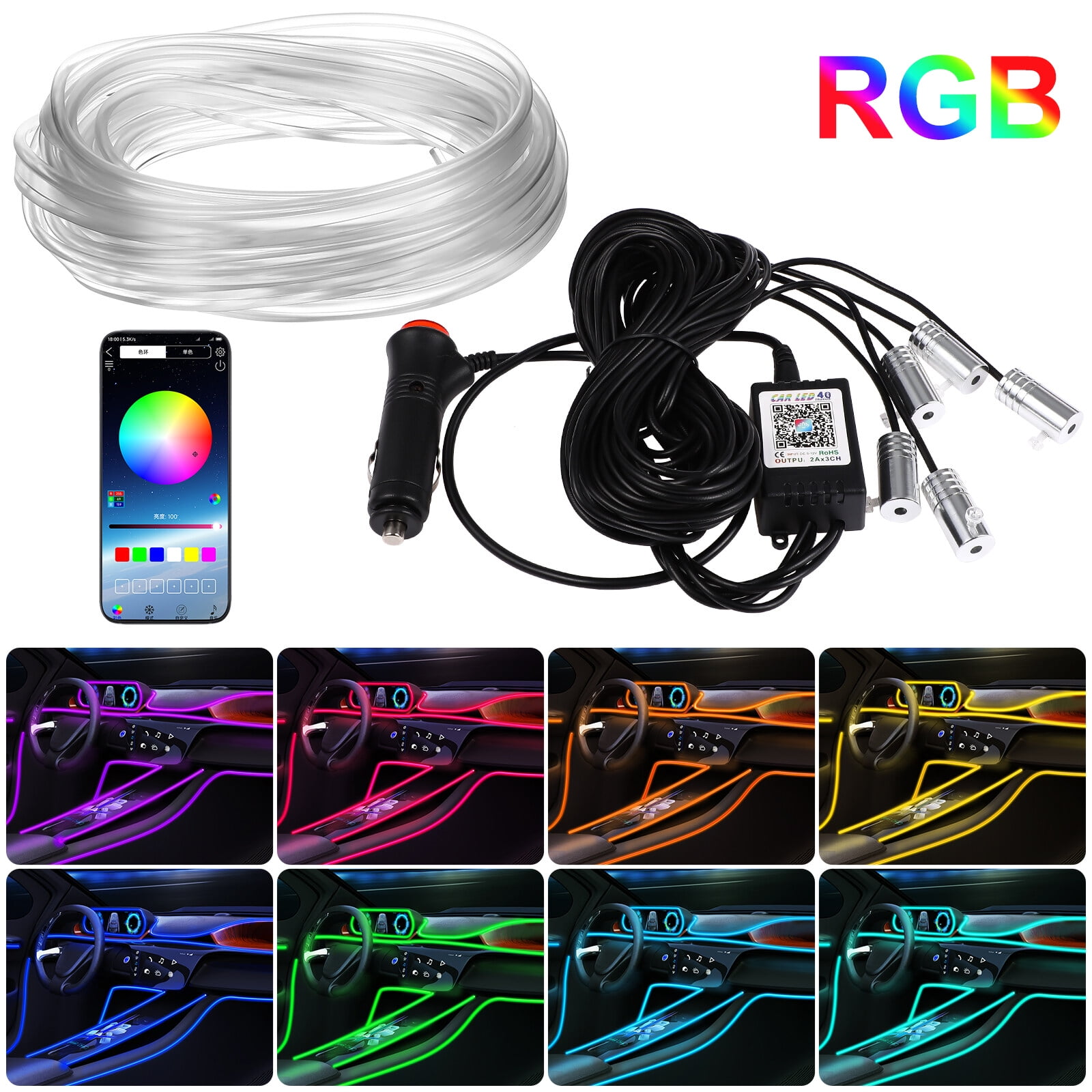 Interior Car LED Strip Lights with Wireless APP and Remote Control, RGB 5 in 1 Ambient Lighting Kits with 236 inches Fiber Optic, 16 Million Colors Car Neon Lights, Sync to Music