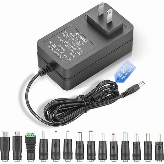 can 12V Power Supply 4A 6.2FT AC/DC Adapter 100~240V 50-60hz to 12 Volt Transformer 4 Amp 3A 2.5A with 14 Tips for LED Light CCTV Security Camera Router Sceptre Monitor Power Cord