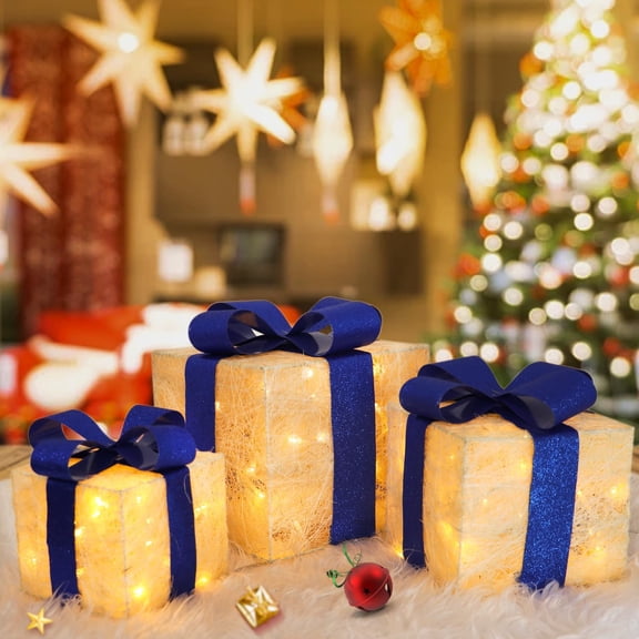 Set of 3 Christmas Lighted Gift Boxes,150 LED Christmas Box Decorations,Presents Boxes with Ribbon Bows Christmas Decorations for Xmas Tree,Yard,Home,Indoor Outdoor Holiday Decor