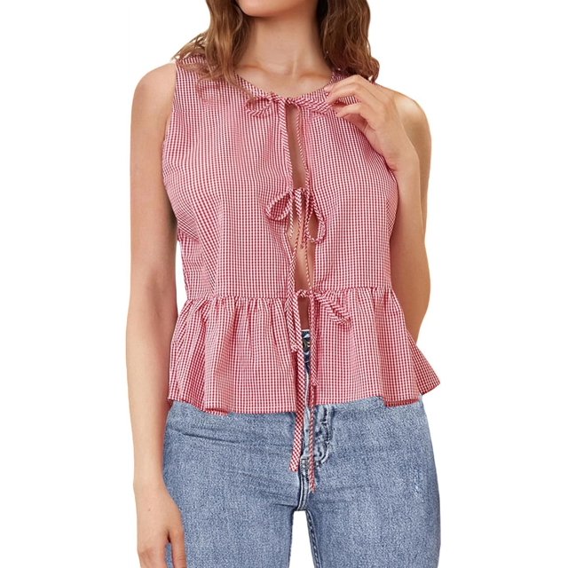 Women Tie Front Peplum Tank Top Sleeveless Ruffle Hem Babydoll Tops Striped Flowy Going Out Tops