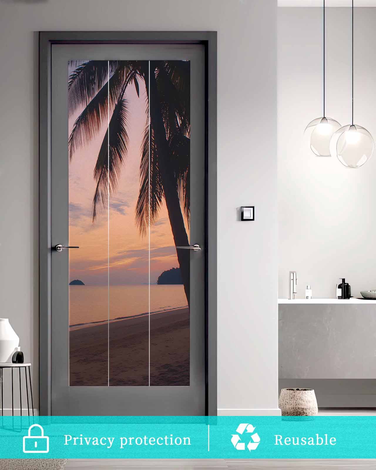 Window Privacy Film Sunset Summer Stained Glass Window Film Decorative Sun Block Window Cover Seasides Palm Tree Leaves Scene Window Clings Static Adhesive Sticker for Bathroom 23.6"x59"