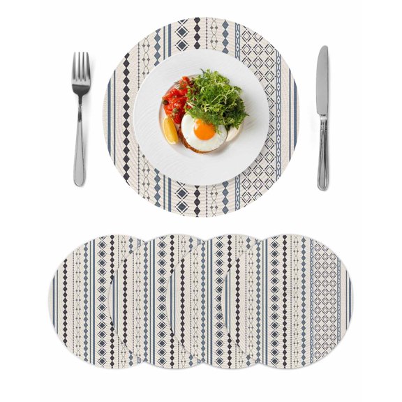 Boho Ethnic Round 13 Inch Placemats Set of 4, Aztec Bohemian Vintage Geometric Blue Rustic HeatResistant Non Slip Place Mats for Dining Table, Wipeable Braided Kitchen Table Mats for Housewarming