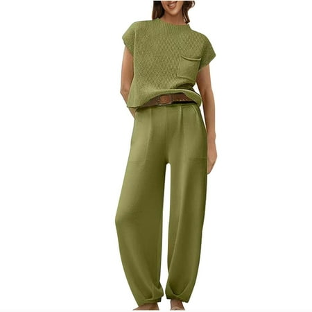 UPPADA Knitted Two Piece Outfit for Women Trendy Crop Top and Wide Leg Pants Matching Outfit Tracksuits Spring Clothes Set Green XL