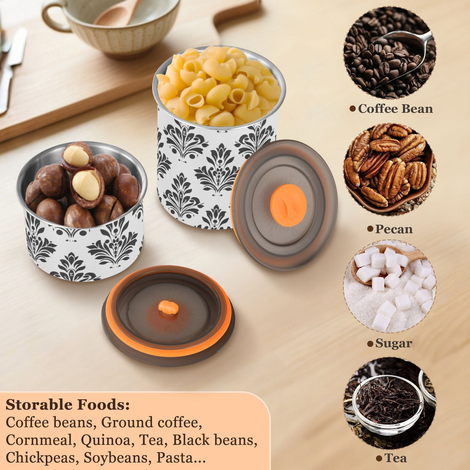 Black Damask Floral Airtight Coffee Bean Canister 30oz Food Storage Containers with Lids For Gournd, Tea, Sugar, Flour, Rice, Cereal, Candy Cookie Jar
