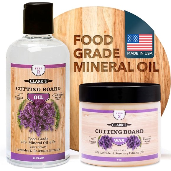 CLARK'S Cutting Board Oil and Wax Set - Lavender and Rosemary Scented - Food Grade (12oz) With Bees Wax (6oz) - For Bamboo Boards, Coconut Bowls, Butcher Blocks