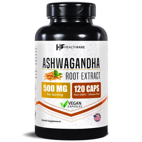 HealthFare Ashwagandha 500mg Root Extract Supplement | 120 Vegan Capsules | Herbal Supplement | Non-GMO, Gluten-Free | Made in USA